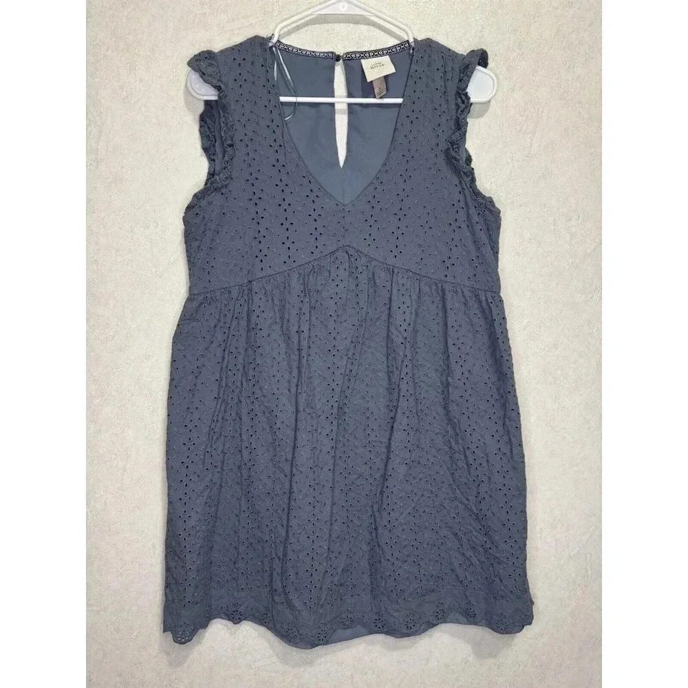 KNOX ROSE Blue Chic Floral Eyelet Dress Flutter Sleeve Vneck SMALL Y2k Babydoll